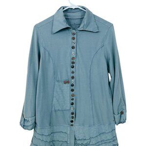 NEON BUDDHA Size S Tunic Top‎ Sage Green Mix of Buttons Stitch Artsy Boho Cotton